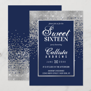 Chic Navy Blue Silver Glitter Confetti Sweet 16 Invitation