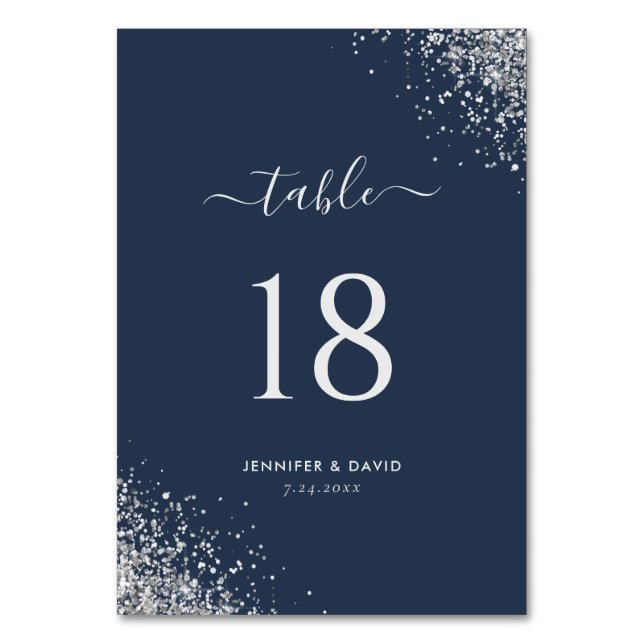 Chic Navy Blue Silver Glitter Wedding Table Number (Front)