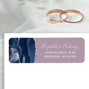 Chic Navy Blue Silver Mauve Wedding Return Address Label