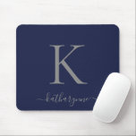 Chic Navy Blue Silver Monogram Script Mouse Pad<br><div class="desc">Modern Elegant Chic Silver Monogram Script on a luxurious navy blue mouse pad. Easy to customise with your own name and details. Perfect for your modern minimalist yet luxury lifestyle! Please contact us at cedarandstring@gmail.com if you need assistance with the design or matching products.</div>