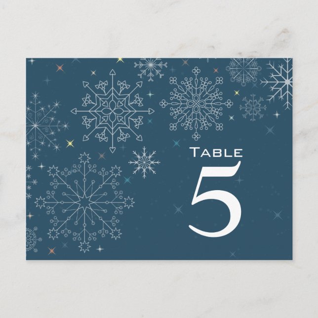 Chic navy blue snowflake wedding table number postcard (Front)