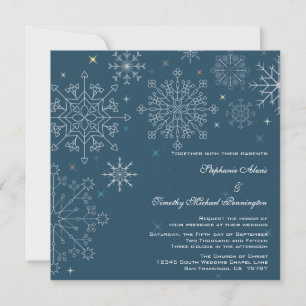 Chic navy blue snowflake winter wedding invitation