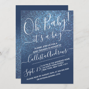 Chic Navy Blue Sparkly Glitter Ombre Baby Shower Invitation