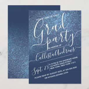 Chic Navy Blue Sparkly Glitter Ombre Graduation Invitation