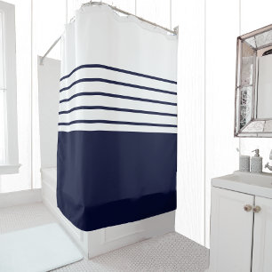 Chic Navy Blue Stripes Beach House Nautical  Shower Curtain