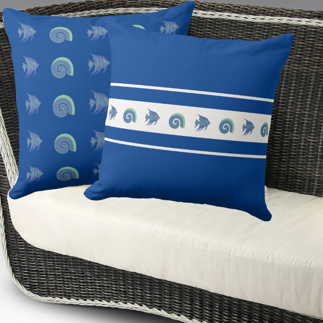 Chic Navy Blue Stripes Shell Fish Beach House Cushion (Creator Uploaded)
