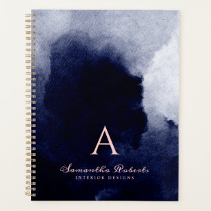 Chic Navy Blue Watercolor Blush Pink Monogram Planner