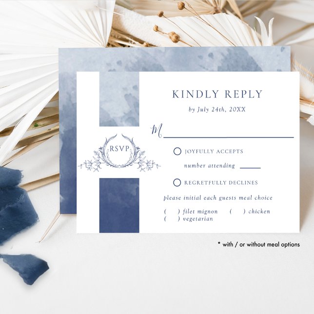 Chic Navy Blue Watercolor Wedding Monogram RSVP Card (Creator Uploaded)