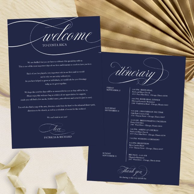 Chic Navy Blue Wedding Weekend Welcome Itinerary Invitation (Creator Uploaded)
