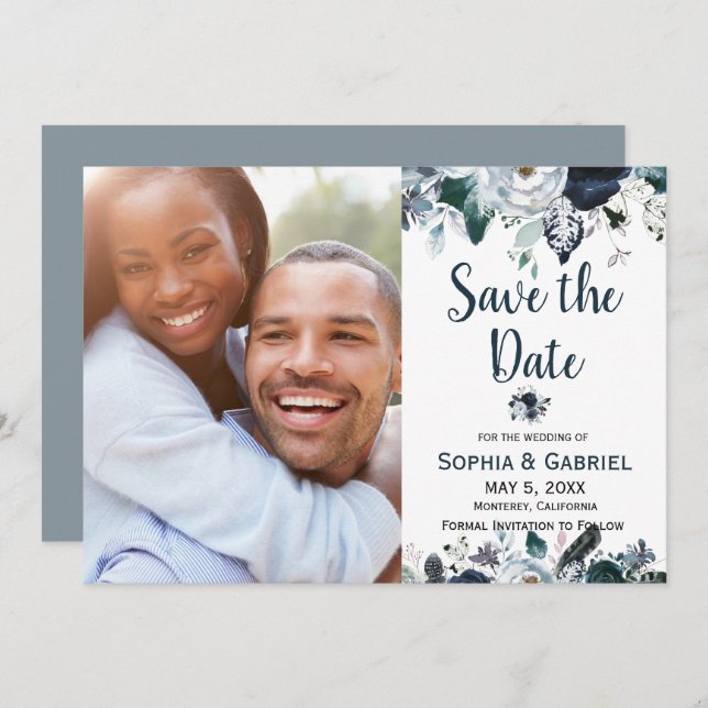 Chic Navy Blue White Flowers Wedding Save the Date (Front/Back)