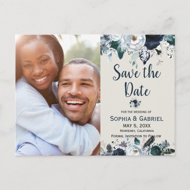Chic Navy Blue White Flowers Wedding Save the Date Announcement Postcard (Front)