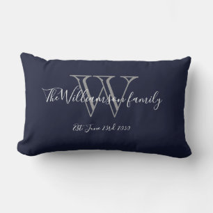 Chic Navy Blue White Monogram Family Keepsake Lumbar Cushion