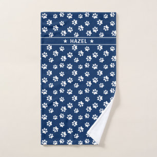 Chic Navy Blue & White Paw Print Custom Dog Towel