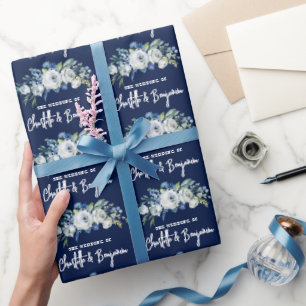 Chic Navy Blue White Peony Floral Custom Wedding Wrapping Paper