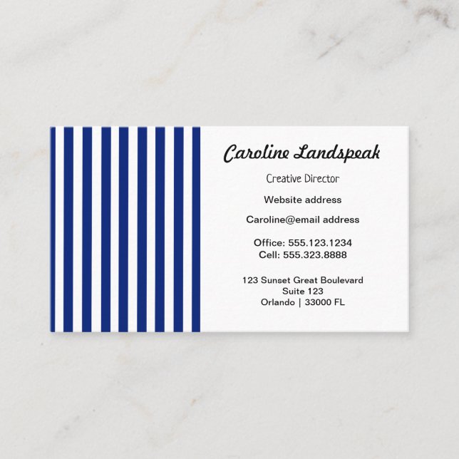 Chic Navy Blue & White Stripes Business Card (Front)