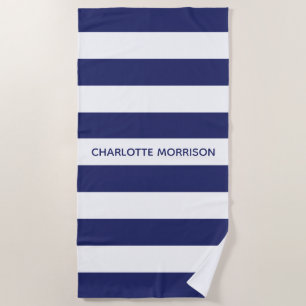 Chic navy blue white stripes custom name monogram beach towel