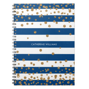 Chic Navy Blue White Stripes Gold Glitter Confetti Notebook