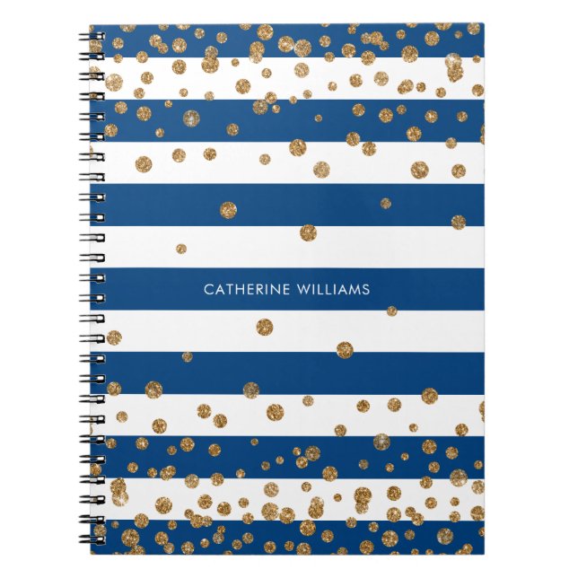 Chic Navy Blue White Stripes Gold Glitter Confetti Notebook (Front)