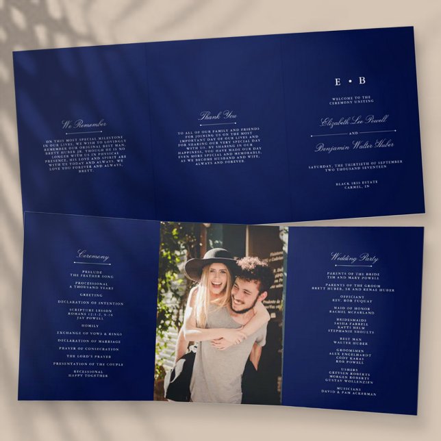 Chic Navy Blue & White Wedding Tri-Fold Programme (Creator Uploaded)