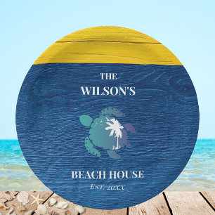 Chic Navy Blue Wood Sea Turtle Family Beach House Paper Plate