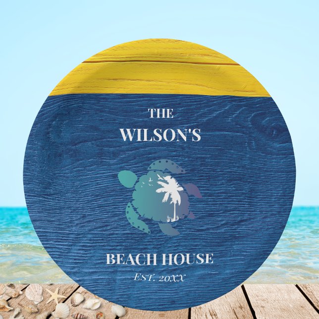 Chic Navy Blue Wood Sea Turtle Family Beach House Paper Plate (Creator Uploaded)