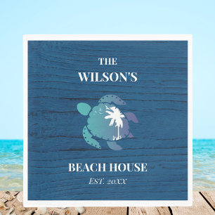Chic Navy Blue Wood Turtle Family Beach House Napkin
