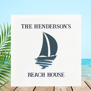 Chic Navy Blue Yacht Family Name Beach House Napkin