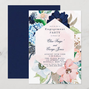 Chic Navy Blush Pink Floral Engagement Party Invitation