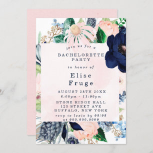 Chic Navy Blush Pink Florals Bachelorette Party Invitation