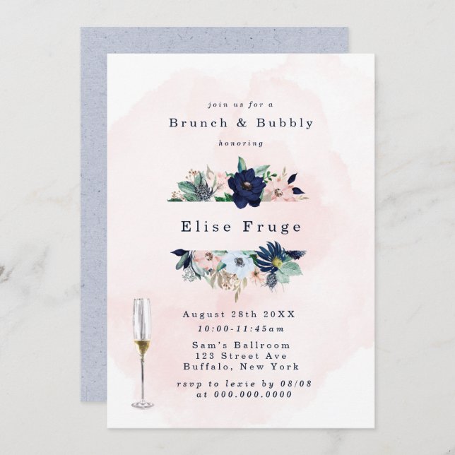 Chic Navy Blush Pink Florals Brunch & Bubbly Invit Invitation (Front/Back)