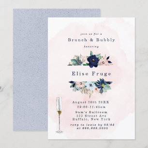 Chic Navy Blush Pink Florals Brunch & Bubbly Invit Invitation