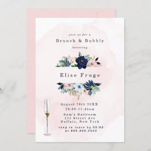 Chic Navy Blush Pink Florals Brunch & Bubbly Invitation