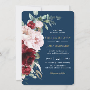 Chic Navy Burgundy Blush Peonies Floral Wedding Invitation