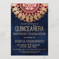 Chic Navy Burgundy Gold Floral Mandala Quinceañera