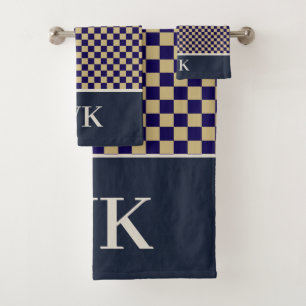 Chic Navy Chequerboard Spa Monogram Bath Towel Set
