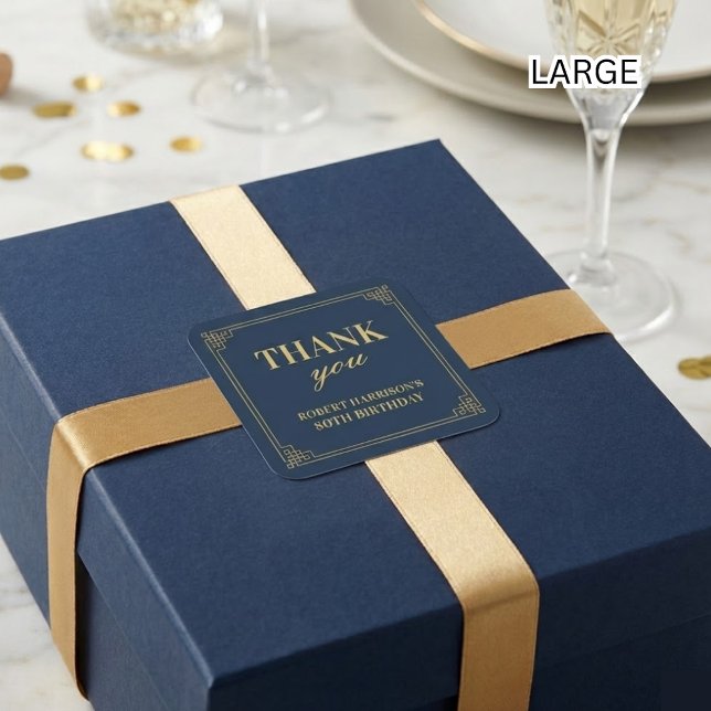 Chic Navy Gold Art Deco 80th Birthday Thank You Square Sticker (Creator Uploaded)