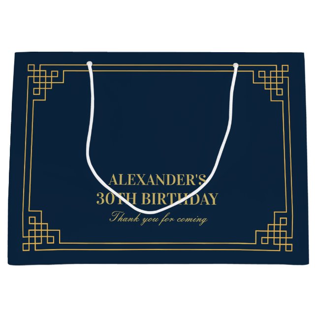 Chic Navy Gold Art Deco Birthday  Large Gift Bag (Front)