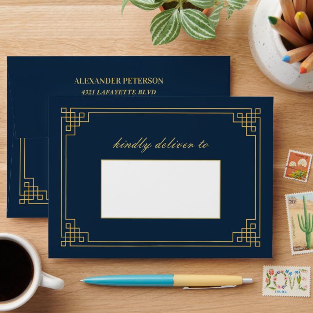 Chic Navy Gold Art Deco Birthday Personalised Envelope (Desk)