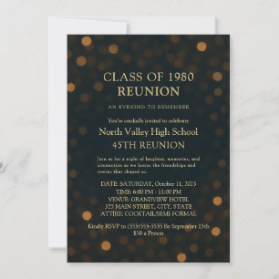 Chic Navy Gold Bokeh 45th Class Reunion Invitation
