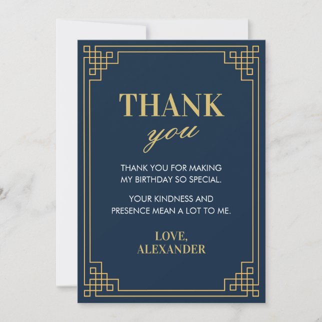 Chic Navy Gold Gatsby Art deco Frame Thank You Card (Front)