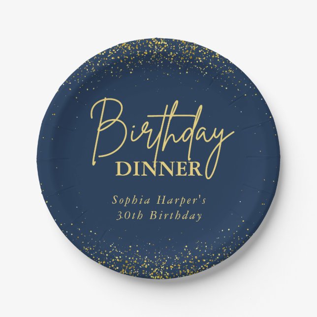 Chic Navy Gold Glitter Confetti Birthday Dinner Paper Plate (Front)