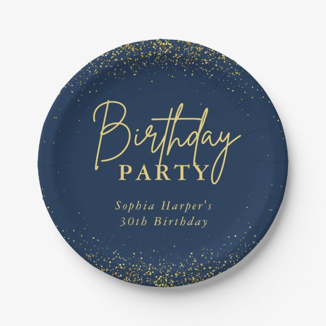 Chic Navy Gold Glitter Confetti Birthday Party Paper Plate (Front)