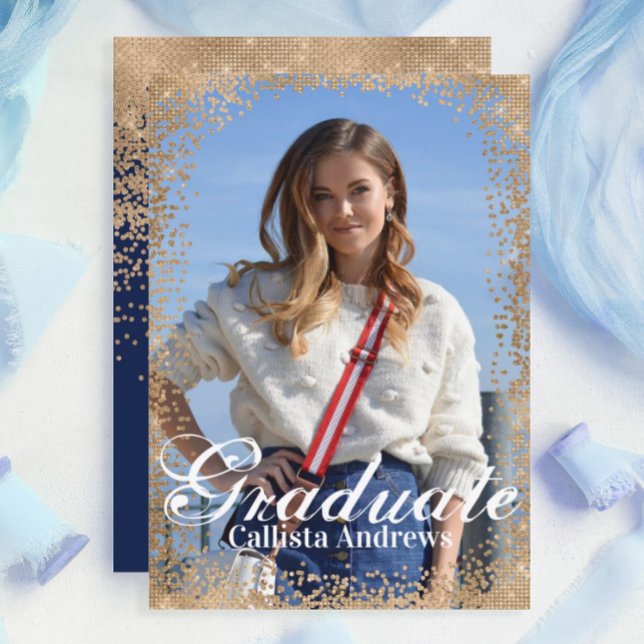 Chic Navy Gold Glitter Confetti Photo Graduation Invitation (Creator Uploaded)