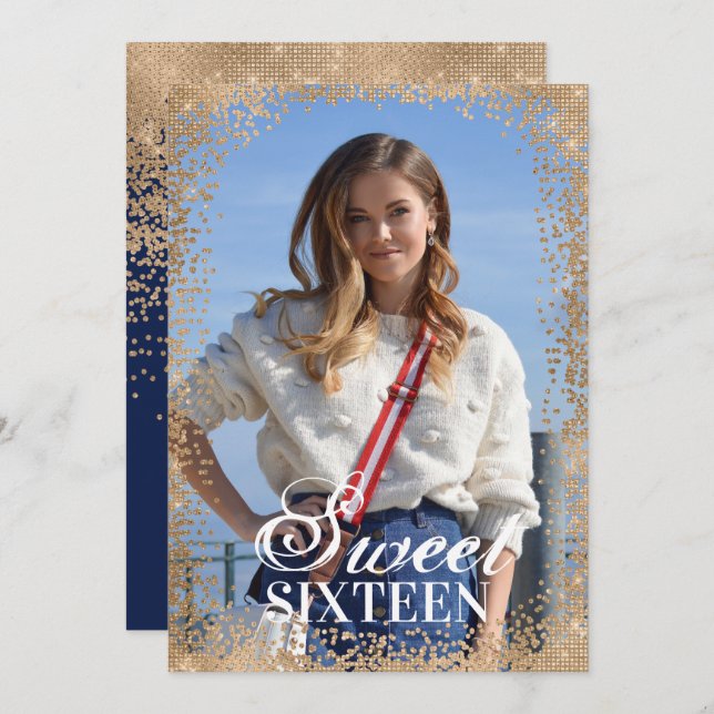 Chic Navy Gold Glitter Confetti Photo Sweet 16 Invitation (Front/Back)