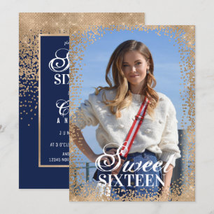 Chic Navy Gold Glitter Confetti Photo Sweet 16 Invitation