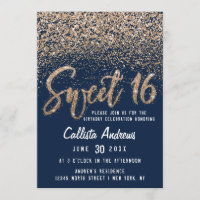 Chic Navy Gold Scattered Glitter Ombre Sweet 16