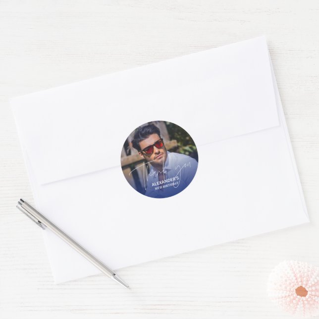 Chic Navy Gradient Photo Birthday Thank you Classic Round Sticker (Envelope)