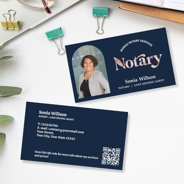 Chic Navy Notary Public Loan Signing Photo QR Code Business Card (Creator Uploaded)
