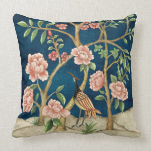 Chic Navy Pink Chinoiserie Floral Bird Greenery Cushion