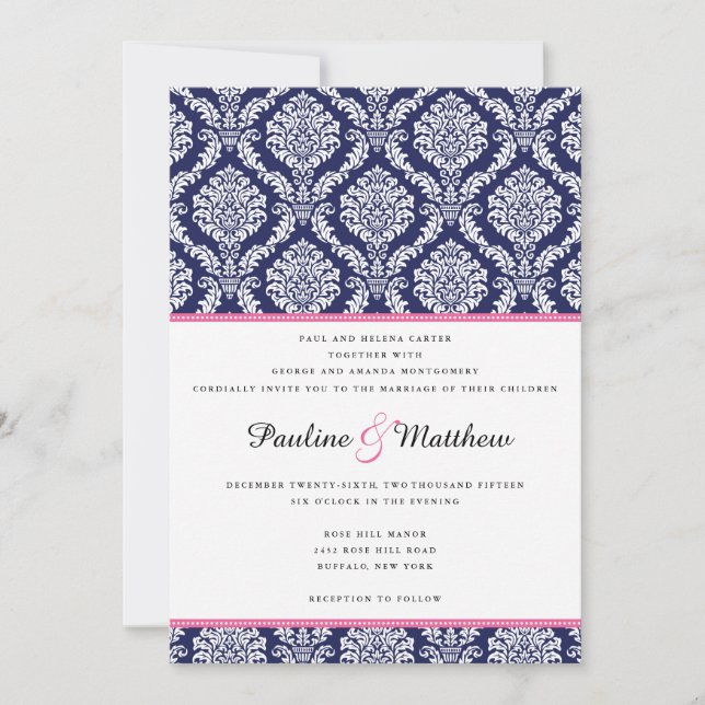 Chic Navy & Pink Damask Wedding Invitation (Front)
